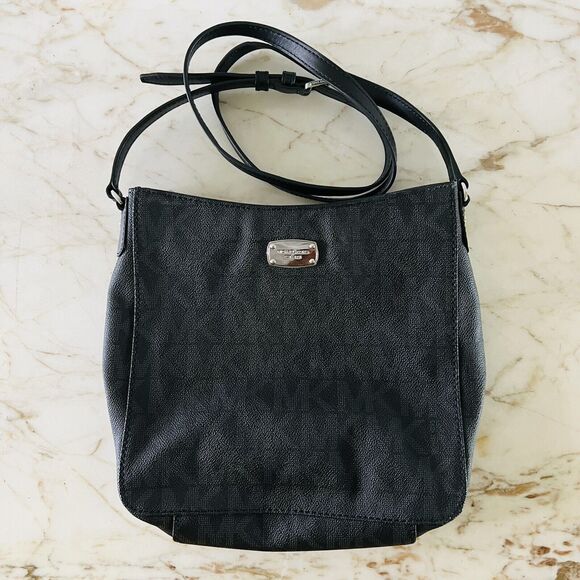 MICHAEL KORS Jet Set Travel Black Leather Large Messenger Crossbody Bag - Picture 1 of 10